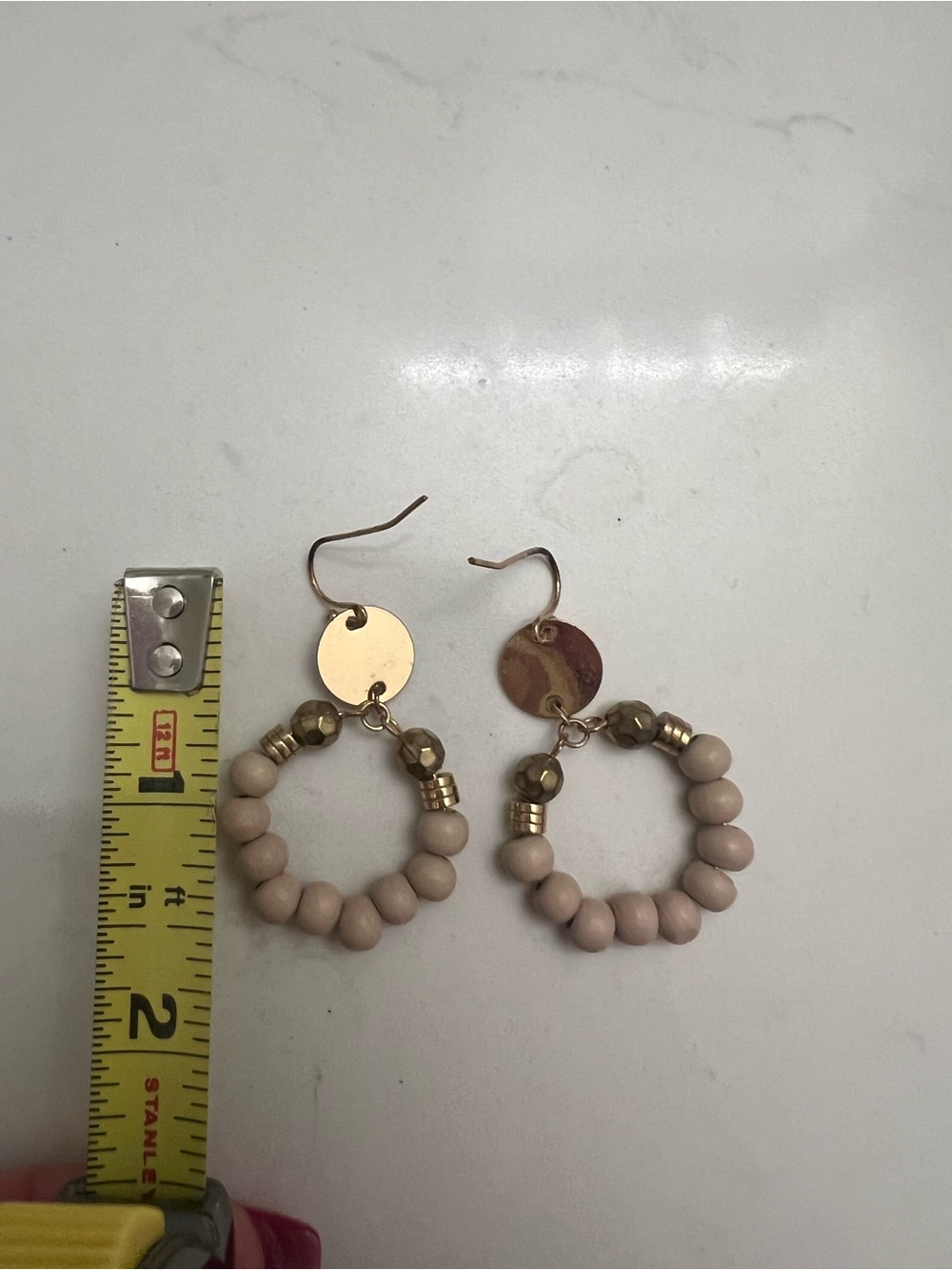 Beaded Hoop Drop Earrings in Beige and Gold